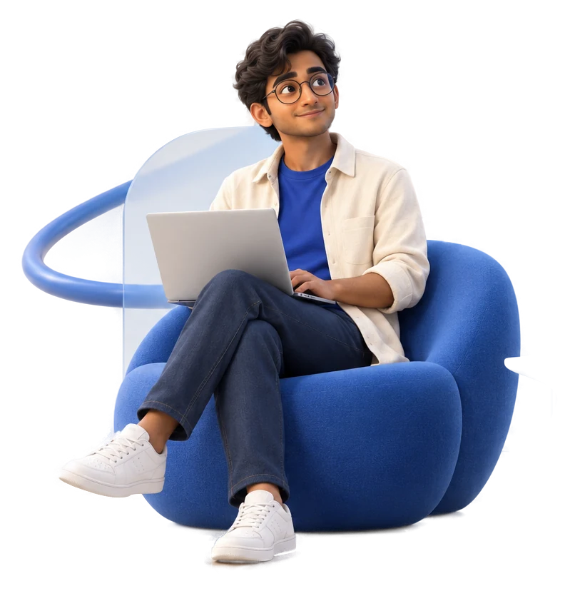 An expressive animated developer exploring AI on a laptop, surrounded by blue sculptural shapes