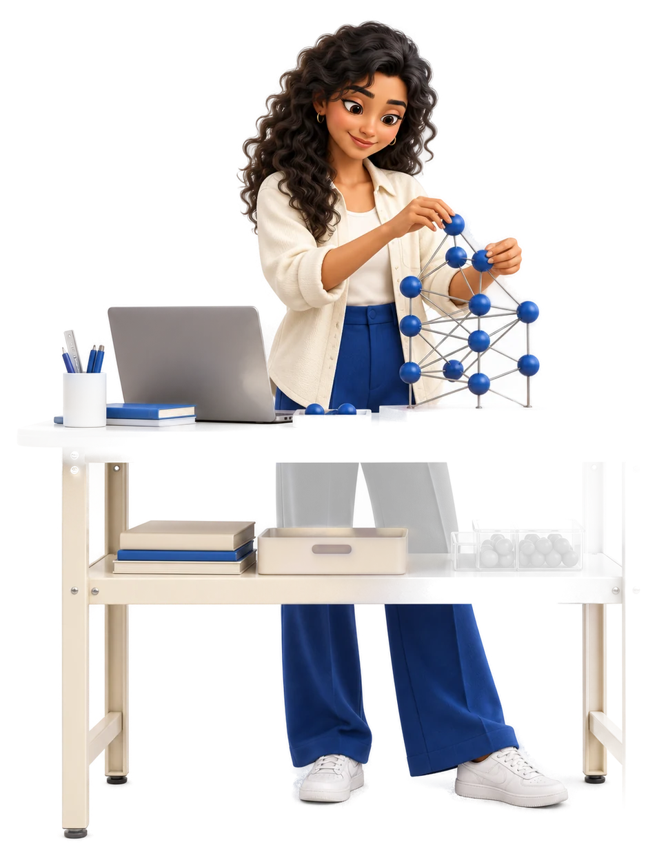 An animated engineer assembling a model at her workbench
